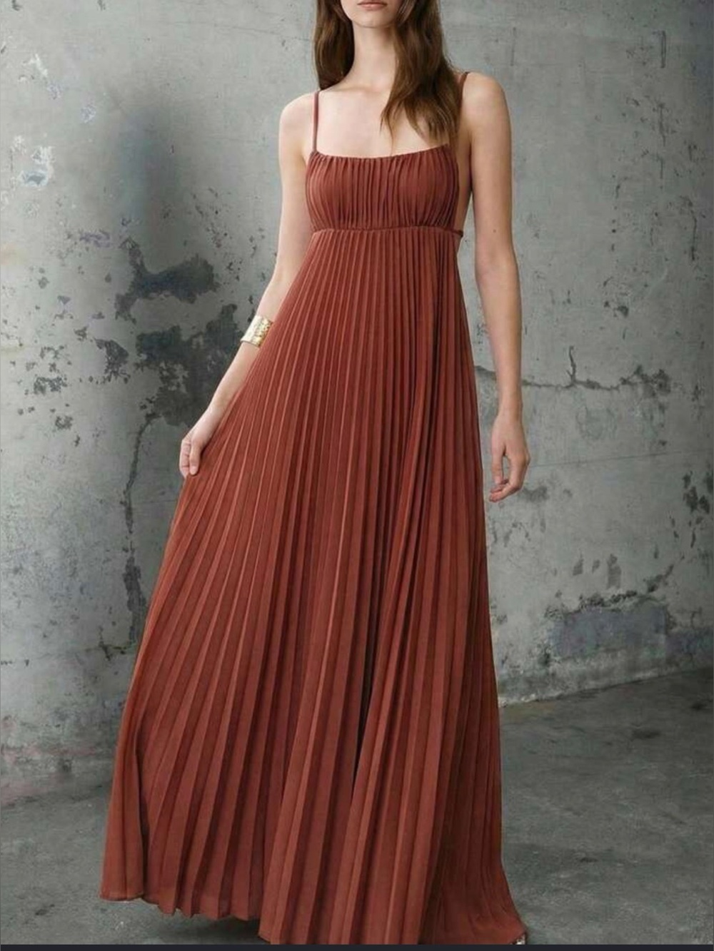 Pleated Spaghetti-Strap Maxi Dress in Rust